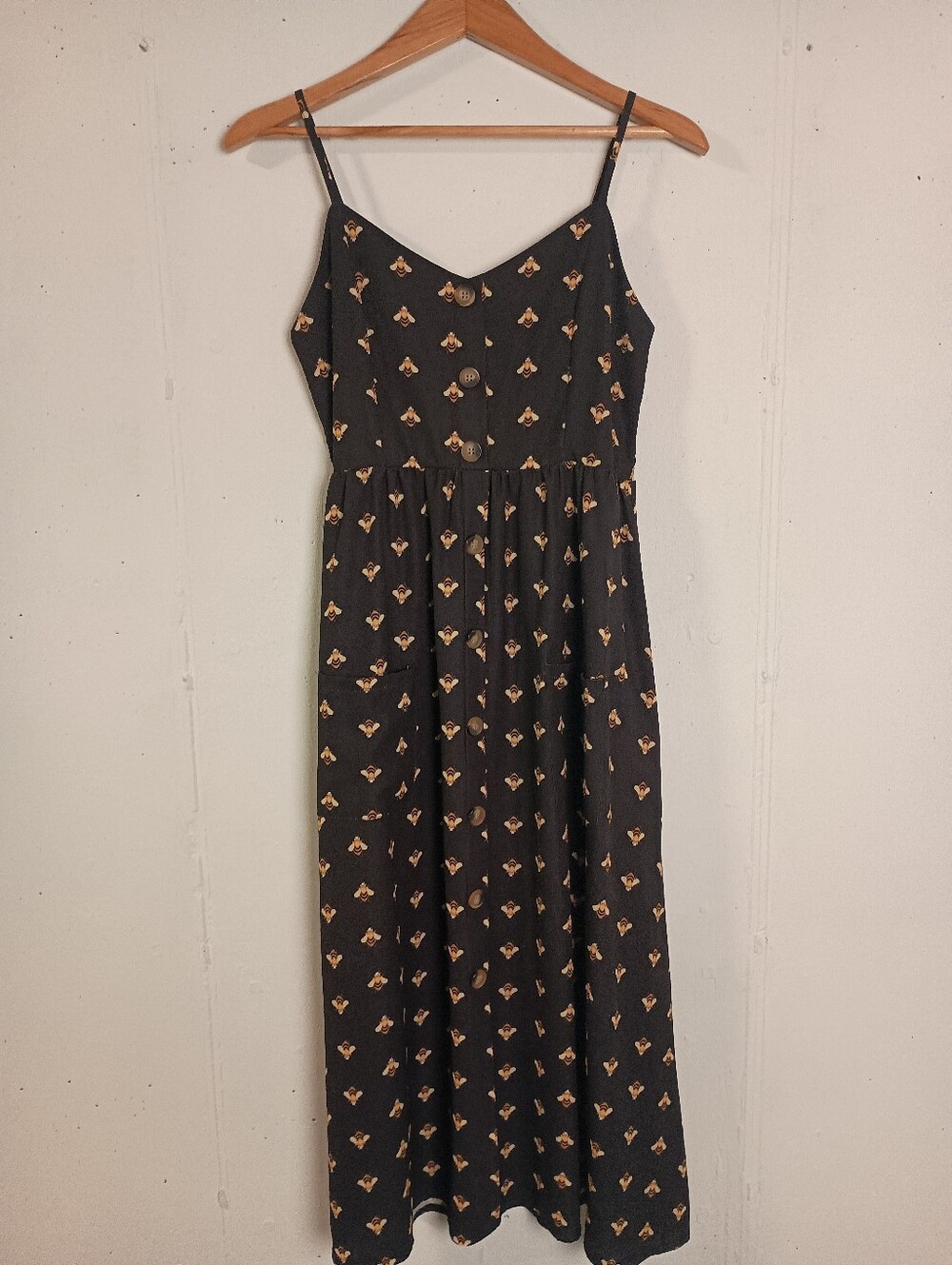 L.A Soul - Black & Bee Floral Midi Dress with Mock Button Front- Size M